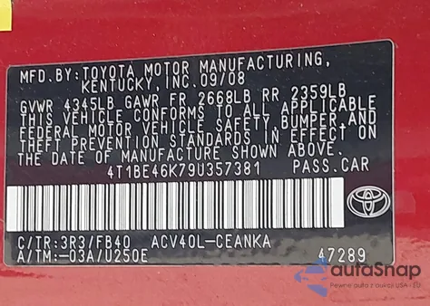 2009 Toyota Camry Le z USA, uszkodzony, nr VIN 4T1BE46K79U357381